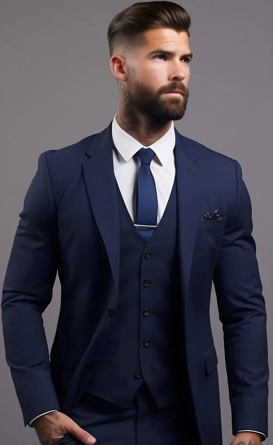 Classic Navy Blue Men's Three-Piece Notch Lapel Suit - Tailored Fit Formal Wear for Weddings, Business - Vardaux