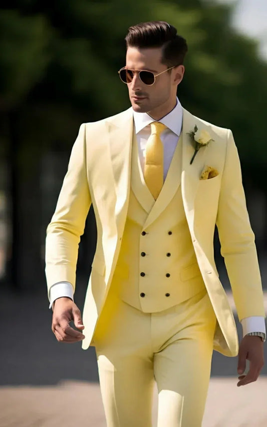 Classic Elegance: Light Yellow Three-Piece Suit for Men Tailored Fit, The Rising Sun store - Vardaux