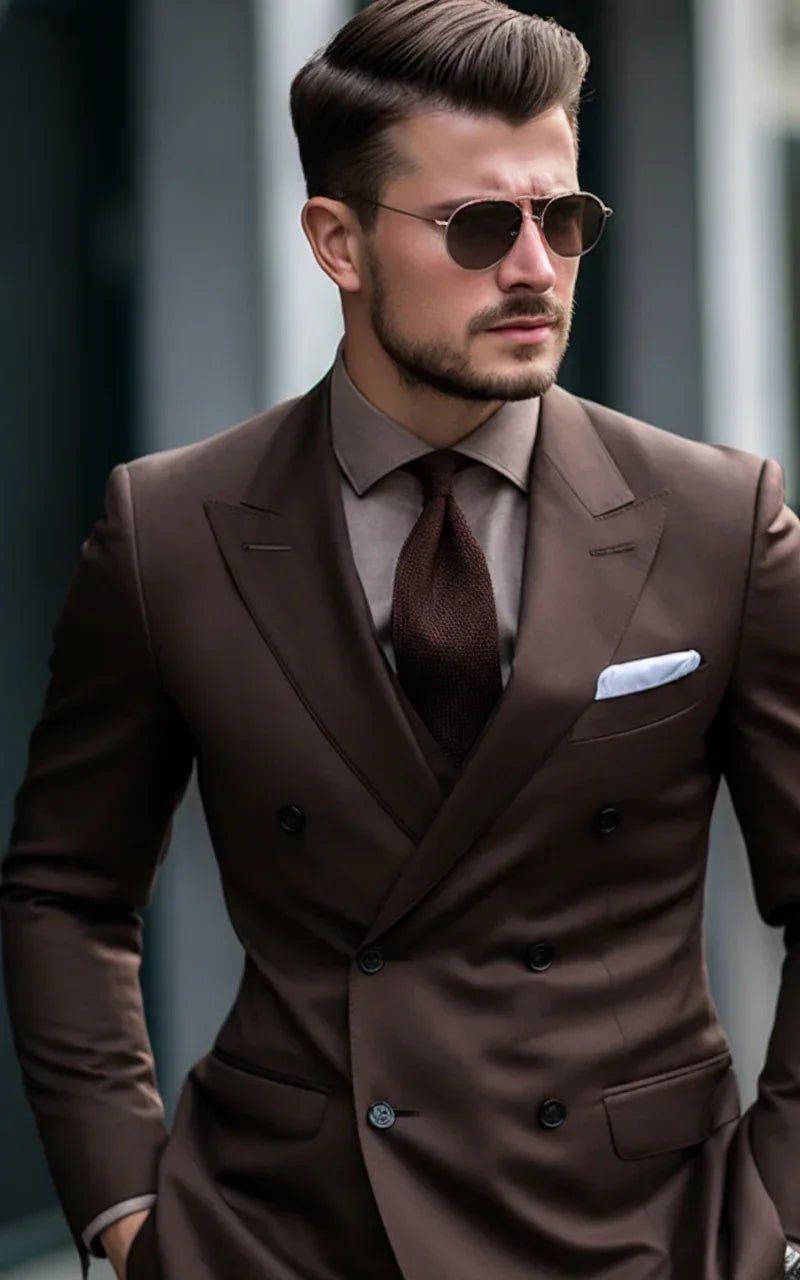 Coffee Brown Two Piece Double Breasted Suit for Men - Vardaux
