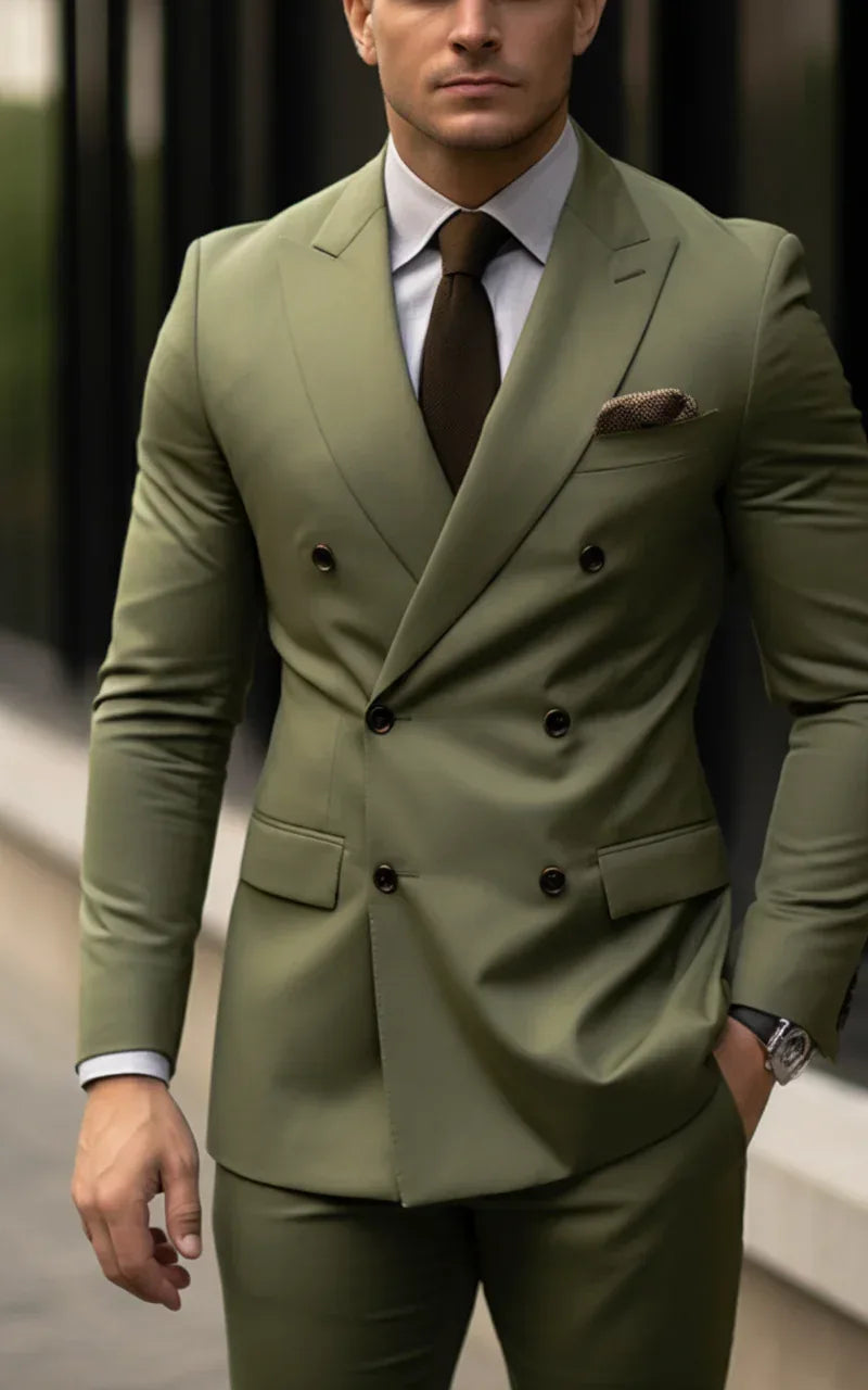 Dapper Elegance Khaki Green Double Breasted Suit - Vardaux