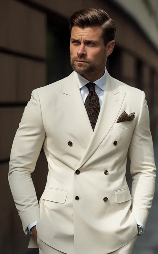 Cream Color Double Breasted Suit for Men - Vardaux