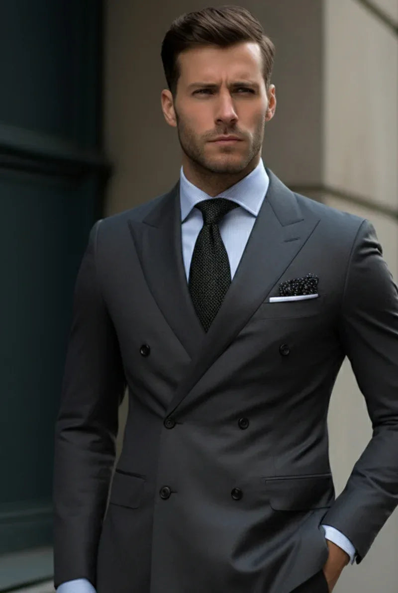Elegant Dark Grey Double Breasted Suit for Men -Tailored Suit - Vardaux