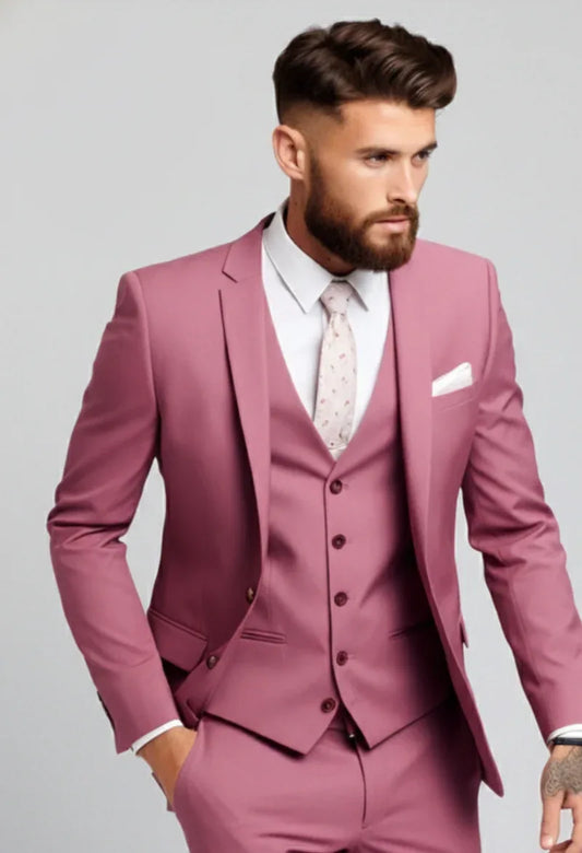 Dusty Rose Notch Lapel Three-Piece Suit - Vardaux