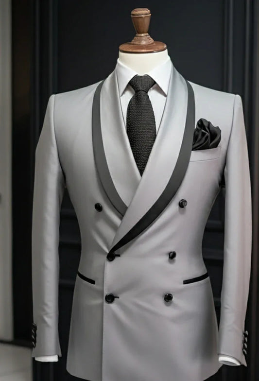 Light Grey Double Breasted Suit for Men - Vardaux