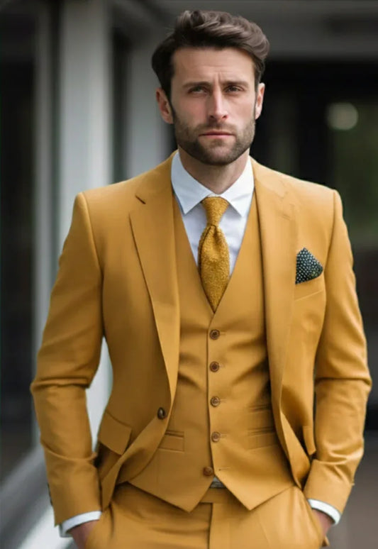 Elegant Mustard Yellow Three-Piece Suit for Men - Tailored Fit, The Rising Sun store, Vardaux - Vardaux