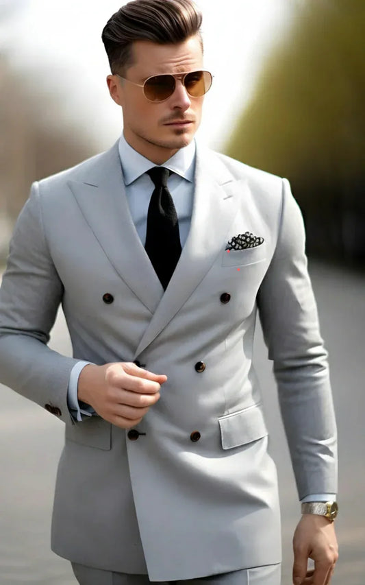 Light Grey Double Breasted Suit for Men - Premium Formal Attire - Vardaux