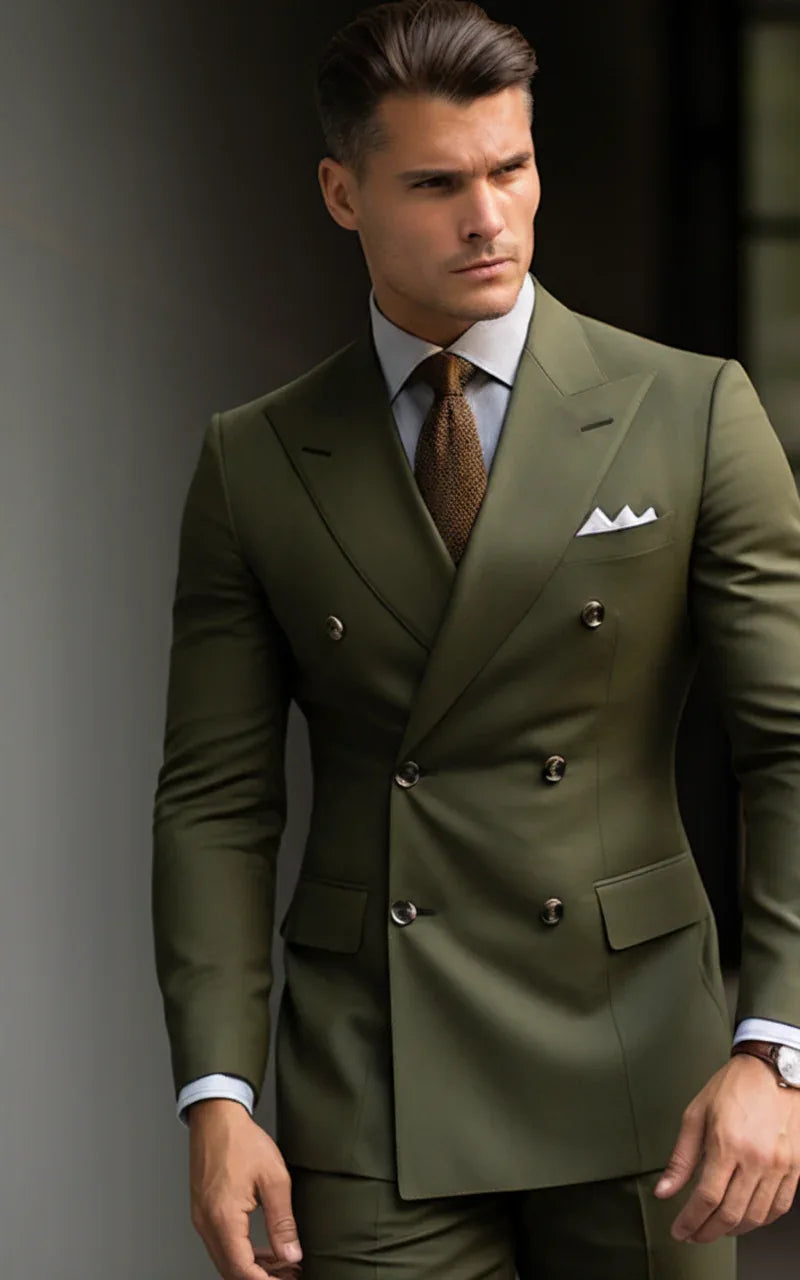 Classic Formal Attire Khaki Green Double Breasted Suit - Vardaux