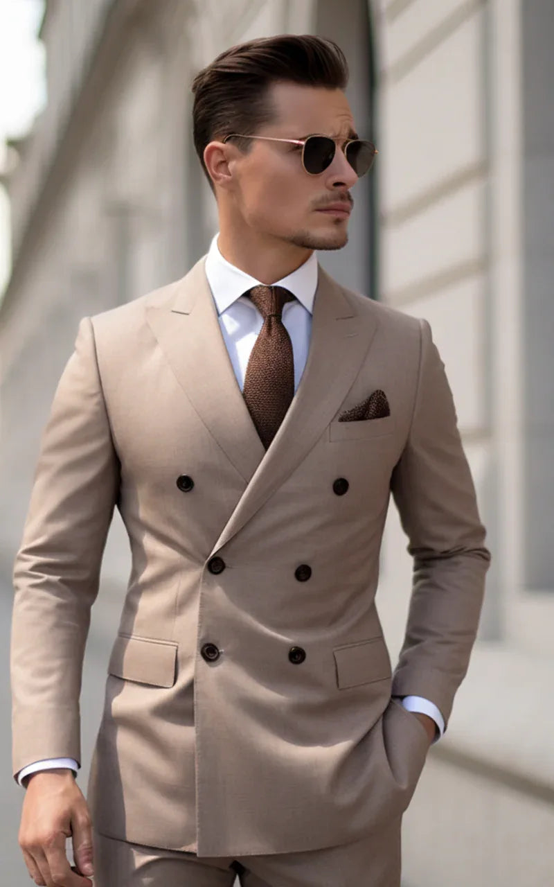 Classic Light Brown Double Breasted Suit for Men - Vardaux