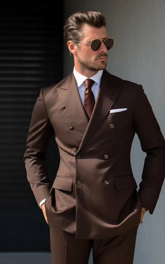 Elegant Chocolate Brown Double Breasted Suit for Men - Vardaux